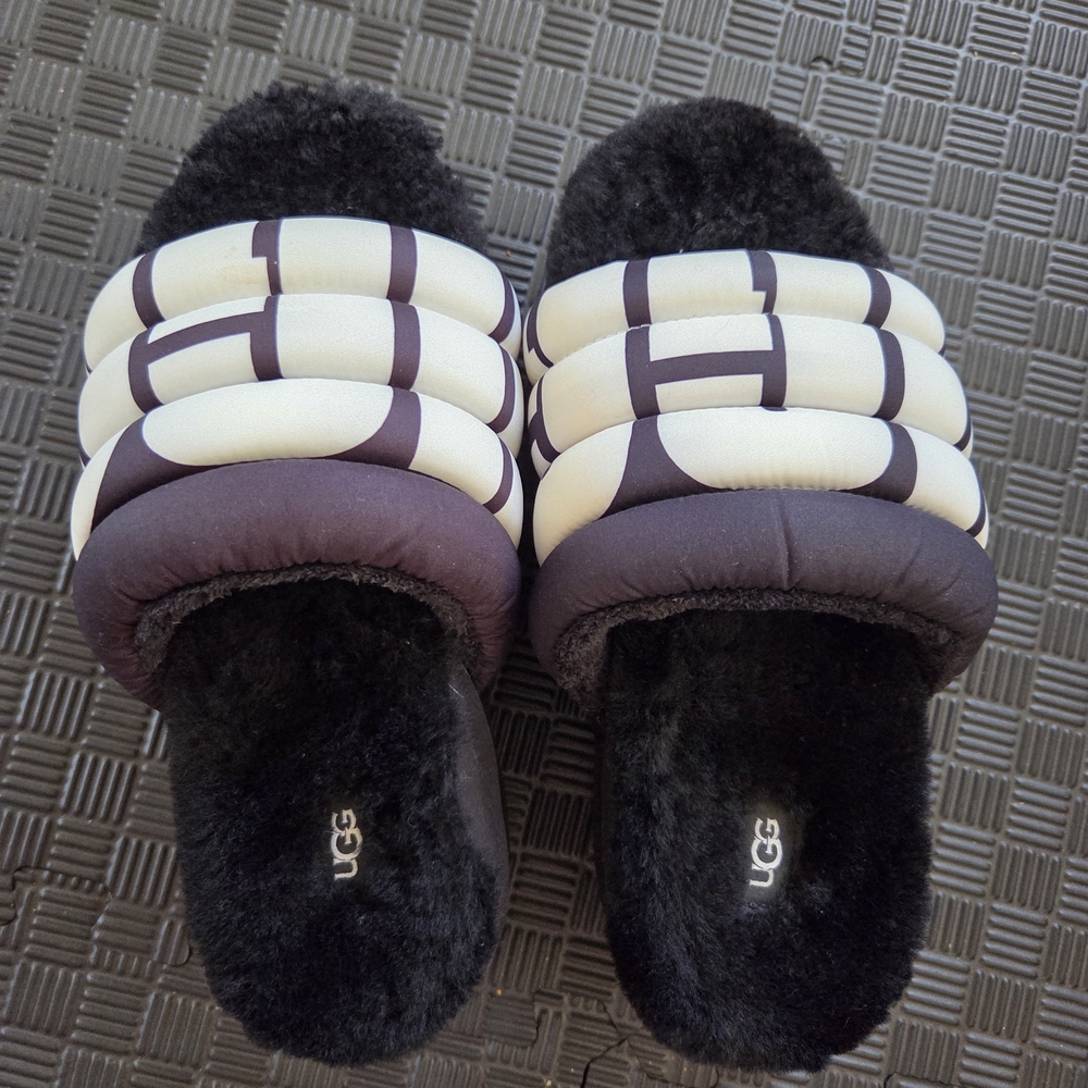 UGG Black and White Fluffy Slippers